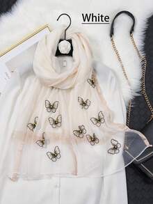 1入組女士豪華絲綢與針織混紡刺繡珠片蝴蝶圍巾，新款時尚透氣遮陽披肩，適用於春夏秋季 - 彩色 - 查看 14