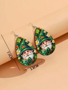 1 對歐美風格聖派翠克節四葉草和蝴蝶結形狀耳環帶鏤空水滴形帽子、老人和肖像木吊墜、節日禮物、派對耳環 - 彩色 - 查看 11