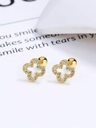 1pair S925 Sterling Silver Lucky Clover Threader Earrings For Women, Screw Ear Bone Stud Jewelry