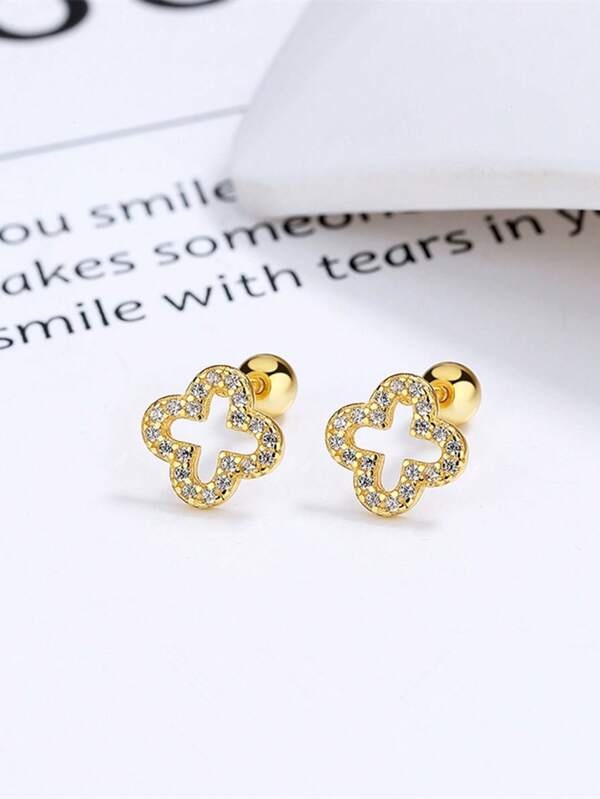 1pair S925 Sterling Silver Lucky Clover Threader Earrings For Women, Screw Ear Bone Stud Jewelry