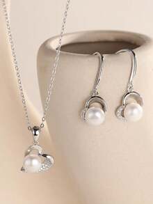 1套優質天然珍珠項鍊耳環套裝,心形吊墜適用於女性的休閒、派對、和日常穿搭。 - 項鍊耳環女款套裝 - 查看 1