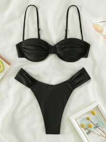 Solid Colour Women's Ruched Bikini Swimsuit - Black - View 3