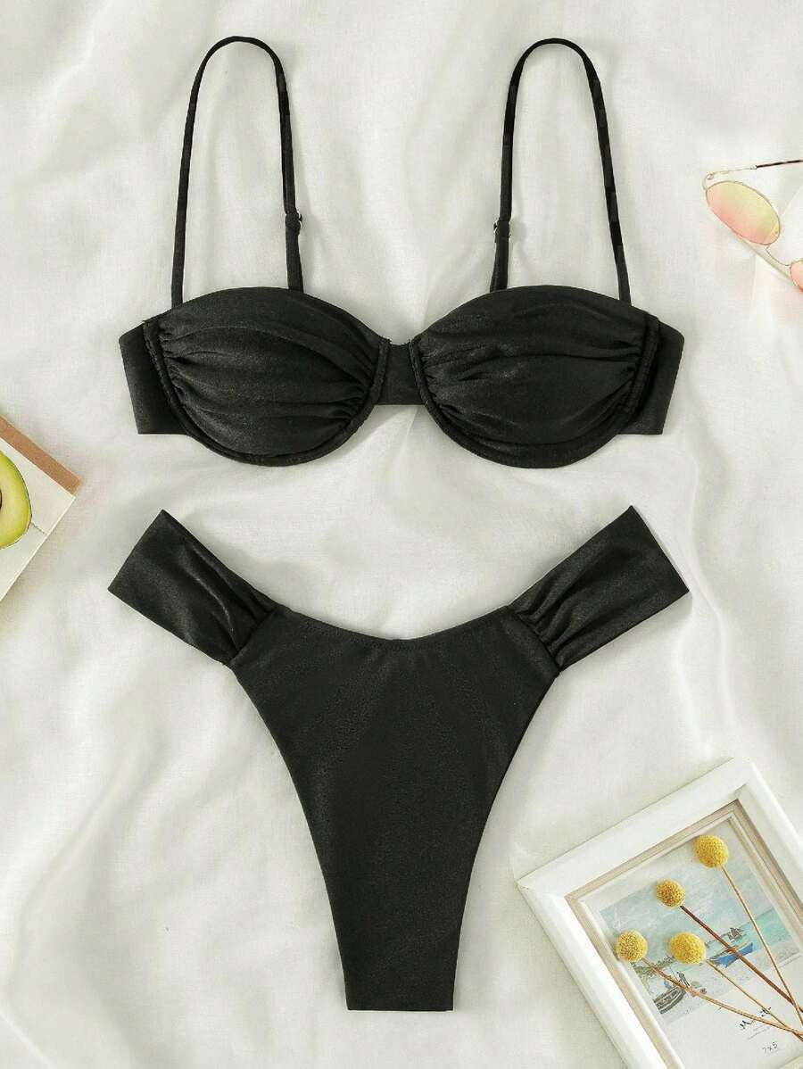 Solid Colour Women's Ruched Bikini Swimsuit - Black - View 1