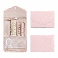 1pc Roll Foldable Jewelry Case Travel Jewelry Organizer Portable For Journey Earrings Rings Diamond Necklaces Brooches Storage Bag Jewelry Storage Pouch - Pink - View 7