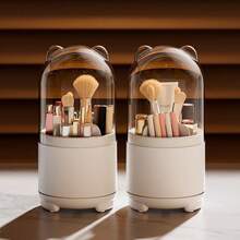 1pc Rotating Makeup Brush Holder For Cosmetic Storage With Dustproof Box - Pink - View 9