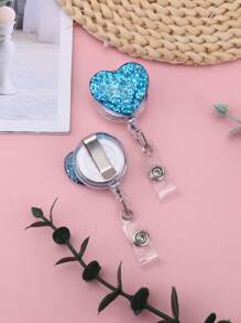 1pc Sparkling Blue Heart Shaped Retractable Id Badge Reel, Fashionable & Lovely Valentine's Day Gift Card Holder Clip - Blue - View 4