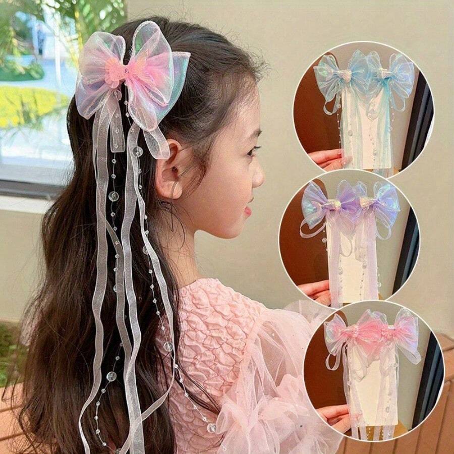 1件小孩蝴蝶結髮夾,流蘇和美人魚邊緣裝飾,適用於女孩們的聖誕禮物,9*30cm - 粉色 - 查看 1