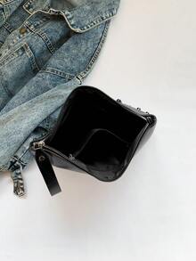 1個大尺寸黑色pu折疊包,格紋紋路設計,鉚釘裝飾和可拆卸手環,適合日常使用、約會和作為女性禮物 - 黑色 - 查看 7