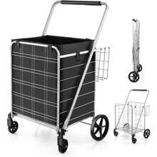 Foldable Shopping Cart, Multi-Purpose Cart With A Load Capacity Of Up To 40 Kg, Shopping Trolley With Wheels And 2 Baskets, Ideal For Laundry, Books, Luggage (With Removable Carrying Bag, Silver) - 銀色 - 查看 1