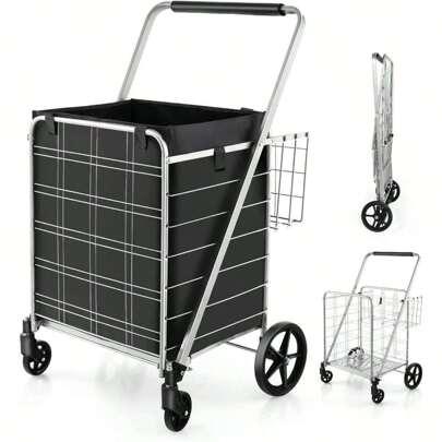 Foldable Shopping Cart, Multi-Purpose Cart With A Load Capacity Of Up To 40 Kg, Shopping Trolley With Wheels And 2 Baskets, Ideal For Laundry, Books, Luggage (With Removable Carrying Bag, Silver)