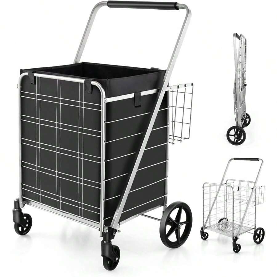Foldable Shopping Cart, Multi-Purpose Cart With A Load Capacity Of Up To 40 Kg, Shopping Trolley With Wheels And 2 Baskets, Ideal For Laundry, Books, Luggage (With Removable Carrying Bag, Silver) - 銀色 - 查看 1