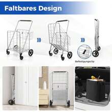 Foldable Shopping Cart, Multi-Purpose Cart With A Load Capacity Of Up To 40 Kg, Shopping Trolley With Wheels And 2 Baskets, Ideal For Laundry, Books, Luggage (With Removable Carrying Bag, Silver) - 銀色 - 查看 3