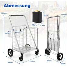 Foldable Shopping Cart, Multi-Purpose Cart With A Load Capacity Of Up To 40 Kg, Shopping Trolley With Wheels And 2 Baskets, Ideal For Laundry, Books, Luggage (With Removable Carrying Bag, Silver) - 銀色 - 查看 2
