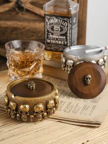 獨特的人骨形狀樹脂煙灰缸並設有木製蓋,防風,是完美的家居裝飾配件 - 銀色 - 查看 5