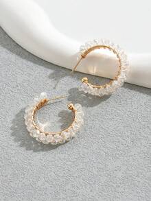 1對女性實色圓形時尚耳環 - 白色 - 查看 3