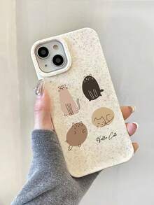 1入組手繪小肥貓小麥稈手機殼，適用於蘋果手機 - 杏色 - 查看 1