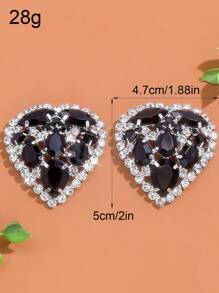 1pair High-End Heart Shaped Clip-On Earrings With Black Rhinestones For Women, Halloween Accessories - Silver - View 5