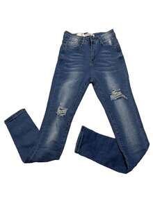 Pantalón jeans Azul rasgado de mezclilla estilo skinny para mujer - Azul - Ver 6