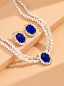 2入組復古優雅珍珠項鍊和耳環套裝，歐美風格，青蘋果綠雙層鎖骨鏈，女士珠寶，項鍊和耳環套裝，另有3入組和單項鍊類別可選