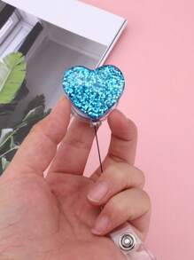 1pc Sparkling Blue Heart Shaped Retractable Id Badge Reel, Fashionable & Lovely Valentine's Day Gift Card Holder Clip - Blue - View 6