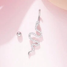3pcs/Set Women's Silver Navel Rings With Rhinestone Heart And Snake Design, Sexy Style Jewelry Gift - Silver - View 7