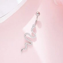 3pcs/Set Women's Silver Navel Rings With Rhinestone Heart And Snake Design, Sexy Style Jewelry Gift - Silver - View 6