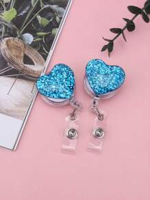 1pc Sparkling Blue Heart Shaped Retractable Id Badge Reel, Fashionable & Lovely Valentine's Day Gift Card Holder Clip - Blue - View 5