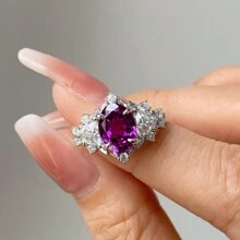 1枚時尚豪華銀色合金戒指套裝,鑽石鋯鈦晶女士日常佩戴 - 紫色 - 查看 4