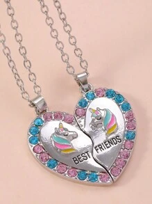 2pcs Kids' Best Friend Unicorn & Heart Pendant Necklaces - Silver - View 2