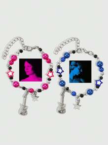 2 Piezas/set Conjunto De Pulseras Para Parejas Del Festival De Música Y2k, Pulsera Con Decorado Con Guitarra Eléctrica Y Estrella, Exquisita Joyería Para Fiestas De Música