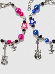 2 Piezas/set Conjunto De Pulseras Para Parejas Del Festival De Música Y2k, Pulsera Con Decorado Con Guitarra Eléctrica Y Estrella, Exquisita Joyería Para Fiestas De Música