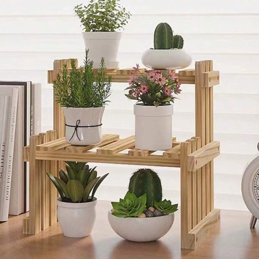 桌面2層植物架儲物架,木質花盆架架子,家用露台植物展示架花架 - 杏色 - 查看 1
