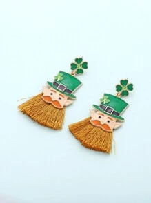 1pair St. Patrick's Day Zinc Alloy Drip Oil & Rhinestone Four Leaf Clover & Hat Shaped & Head Portrait & Tassel Pendant Drop Earrings For Women Party Accessories - Colorful - View 3