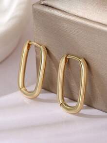1pair Copper Geometric Design Glossy Rectangle Hoop Earrings, Vintage Style, Perfect For Date Gift - Yellow Gold - View 1