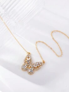 1pc Fashionable Crystal & Butterfly Pendant Necklace Suitable For Women's Daily Wear, Dating, Festival Gift - Gold - View 3