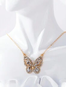 1pc Fashionable Crystal & Butterfly Pendant Necklace Suitable For Women's Daily Wear, Dating, Festival Gift - Gold - View 1