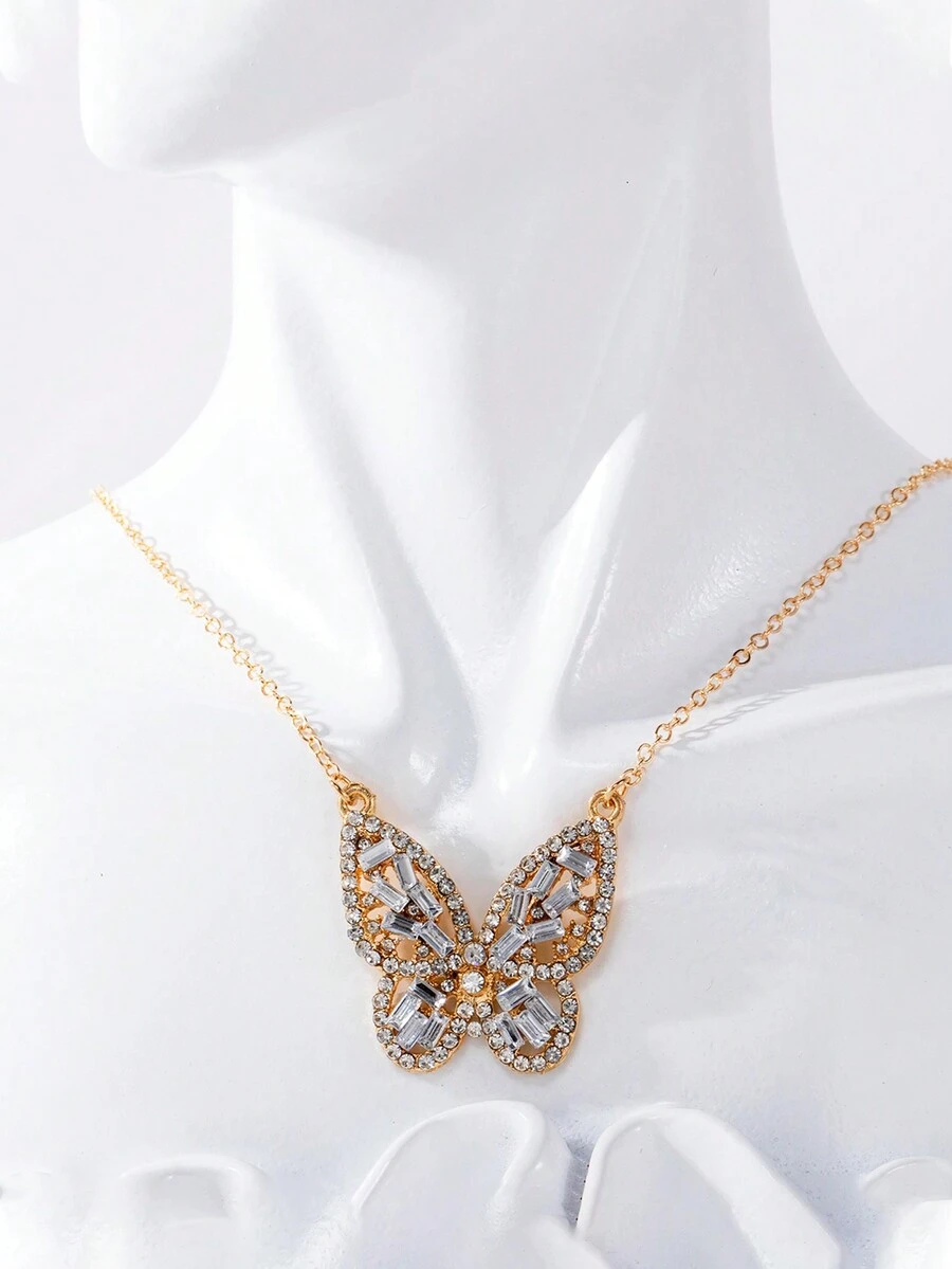 1pc Fashionable Crystal & Butterfly Pendant Necklace Suitable For Women's Daily Wear, Dating, Festival Gift - Gold - View 1