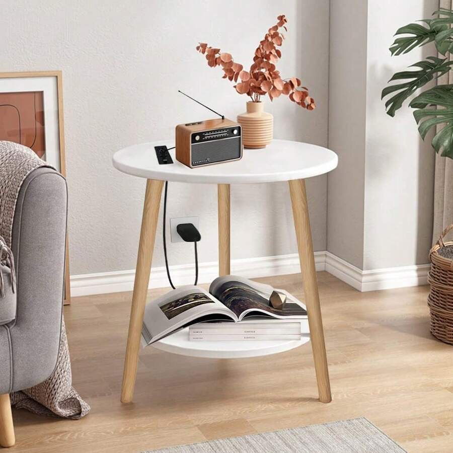 2-Tier Side Table Round Bedside Table White Nightstand Modern End Table Coffee End Table For Living Room, Bedroom Easy Assembly Black - Beige - View 1