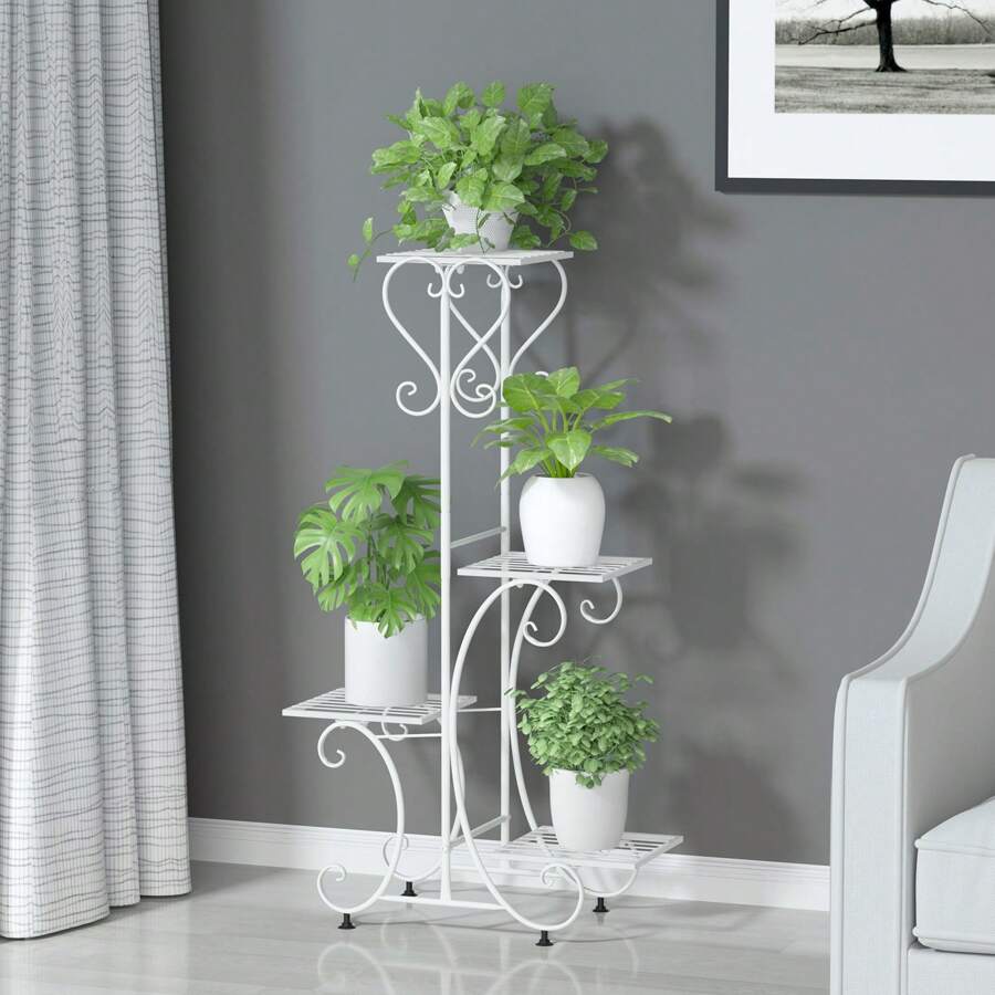 UNHO Metal Plant Stand Outdoor Indoor, Garden Plant Shelves Pots Holder 4 Tier Flower Display Rack Herb Planter Ladder For Balcony Living Room Patio Black - 白色 - 查看 1