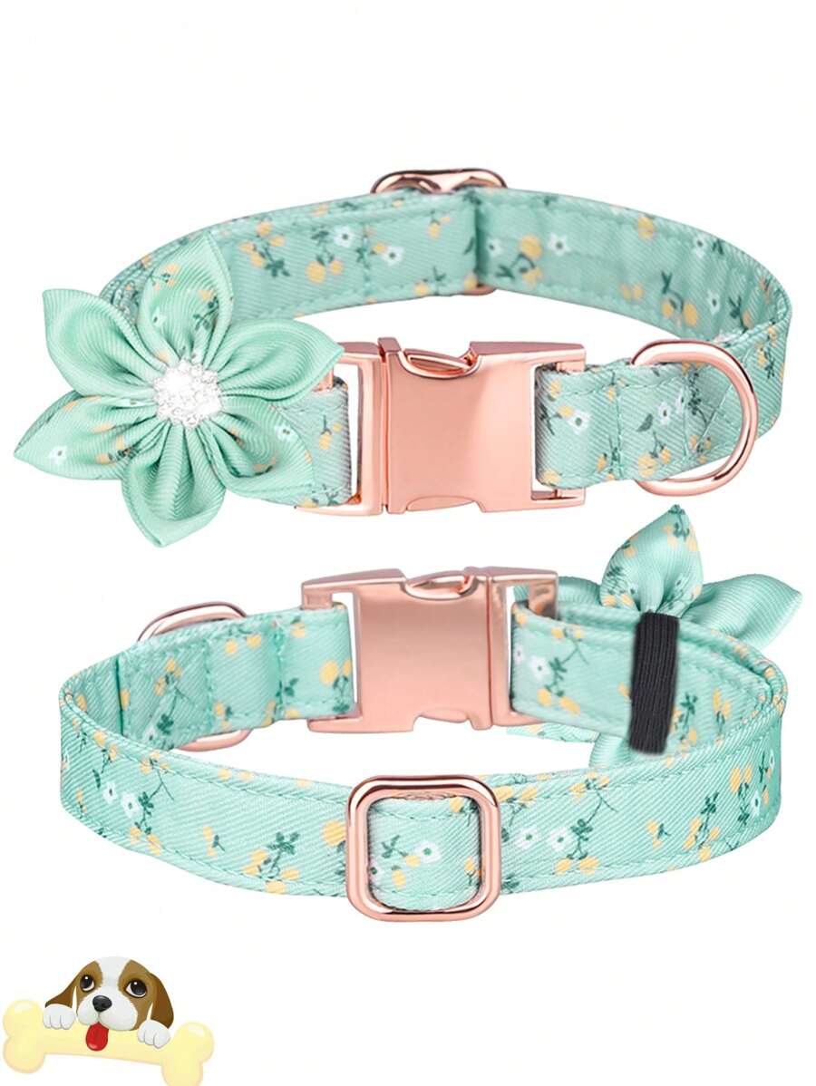經濟耐用的寵物頸圈,配有花卉設計的鑽石裝飾和可愛的蝴蝶結,可以調節大小 - 綠色 - 查看 1