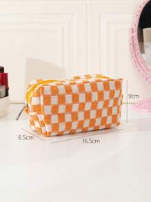 黃色格紋化妝包，八角形外形，大容量，多功能，拉鍊閉合，便攜式化妝品收納盒 - 黃色 - 查看 5