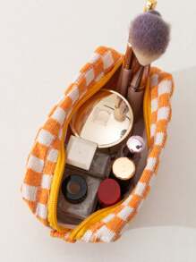 黃色格紋化妝包，八角形外形，大容量，多功能，拉鍊閉合，便攜式化妝品收納盒 - 黃色 - 查看 4