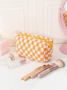 黃色格紋化妝包，八角形外形，大容量，多功能，拉鍊閉合，便攜式化妝品收納盒 - 黃色 - 查看 2
