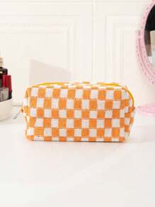 黃色格紋化妝包，八角形外形，大容量，多功能，拉鍊閉合，便攜式化妝品收納盒 - 黃色 - 查看 3