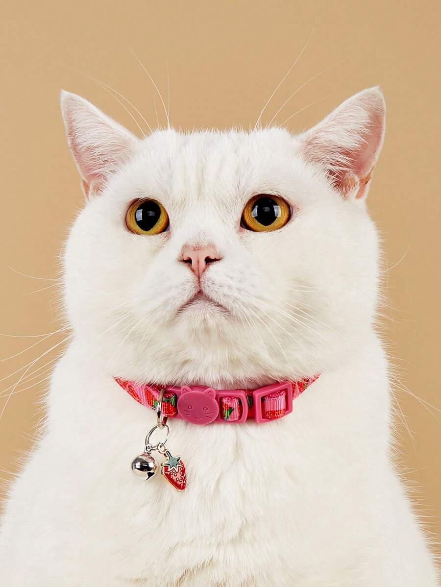 1只粉色聚酯水果圖案寵物項圈,可調節,適用於全年室內外,適用於中小型貓狗,附鈴鐺 - 玫紅色 - 查看 1