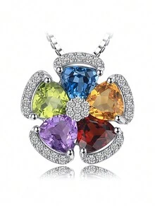 JewelryPalace 1顆優雅奢華的925純銀花卉設計精美多面三角切割天然托帕石、晶、黃水晶、石榴石、橄欖石銀吊墜項鍊,適用於女性約會禮物、舞會宴會精品珠寶 - 彩色 - 查看 5