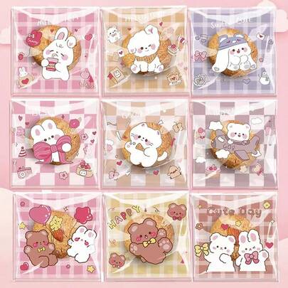 100 件/包什锦透明可爱卡通牛轧糖，自粘雪花饼干包装，返校，儿童生日礼物