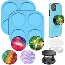 Resin Mobile Phone Grip Mold, 1pc Silicone Phone Socket Mold, 4 Cavity Round Epoxy Resin Casting Mold With 2 Phone Sockets, For Diy Craft Jewelry Making - Blue - View 1