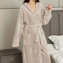 1pc Women's Solid Color Extra Long Bathrobe, Coral Fleece Bathrobe, Soft, Absorbent, Non-Shedding, For Steam Room, Spa, Home, Or Hotel Bathroom - Khaki - View 7