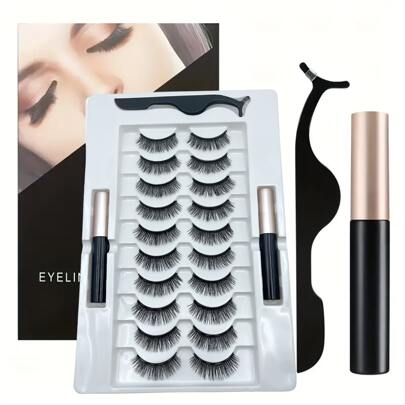 10 Pairs Magnetic Eyelashes Kit With 2 Magnetic Eyeliners & Tweezer, Party And Daily Style False Eyelashes Natural Look, Long-Lasting Reusable - No Glue Needed Lash Clusters Kit,Lashes,Eyelashes,Fake Lashes